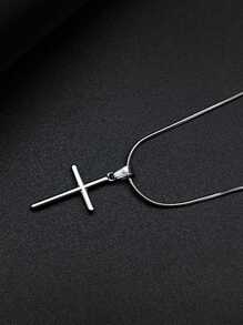 1pc Elegant French Chic Oil Pressed 3D Stainless Steel Cross Pendant Necklace, Luxury Minimalist Design, Versatile Holiday Jewelry - Silver - View 13