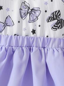 Baby Girls Lovely Cartoon Bow Pattern Round Neck Long Sleeve Ruffle Splicing Dress With Headband, Suitable For Spring And Autumn - Purple - View 6