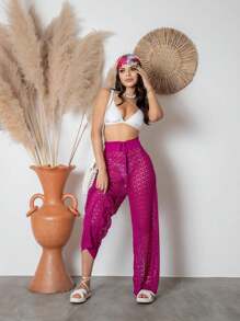 Women's Beach Pants Crochet Knitting Trousers Summer Skirt - 玫瑰紅 - 查看 4
