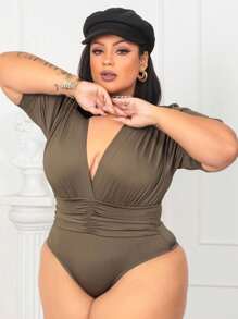 Women's Plus Size Princess Bodysuit / Women's Short Sleeve Blouse / Wrapped / Low-Cut V-Neck / Blogger Fashion - xanh quân đội - Xem 1