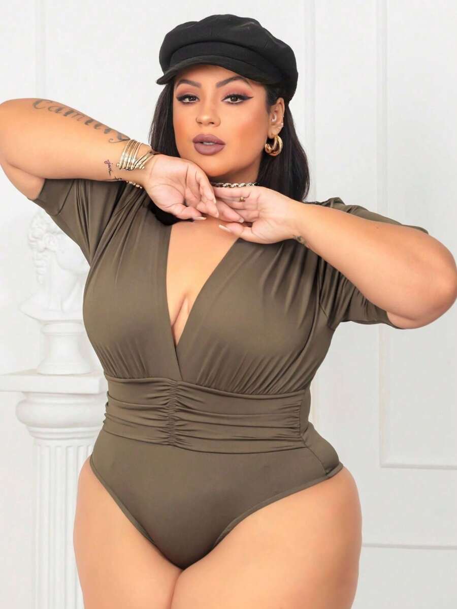 Women's Plus Size Princess Bodysuit / Women's Short Sleeve Blouse / Wrapped / Low-Cut V-Neck / Blogger Fashion - xanh quân đội - Xem 1