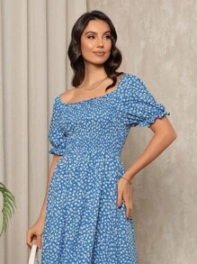 Long Dress With Puffed Sleeves Elastex Print - Blue - View 3