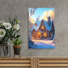 Hermosa casa navideña en la nieve - Póster de Navidad, impresiones en lienzo, arte de pared vintage para decorar la sala de estar, dormitorio, baño, cocina y hogar - enmarcado - Ver 5