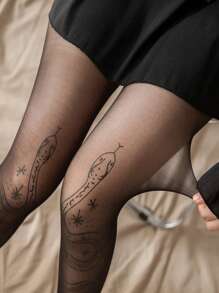 European & American Snake Queen Tattoo Design Pantyhose Tights For Women, Personalized & Powerful Queen Black Sheer Stockings, Cut-To-Fit Sexy Thin Versatile Pantyhose