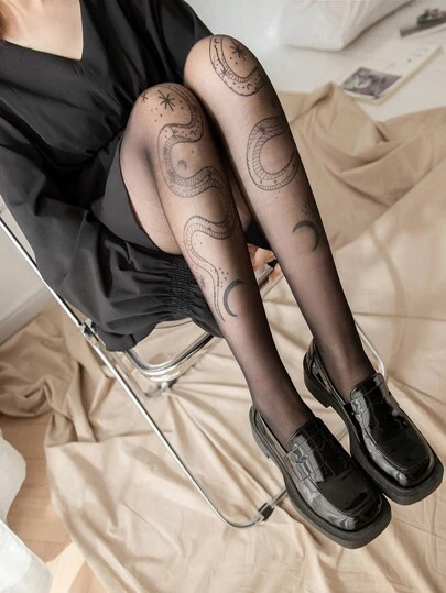 European & American Snake Queen Tattoo Design Pantyhose Tights For Women, Personalized & Powerful Queen Black Sheer Stockings, Cut-To-Fit Sexy Thin Versatile Pantyhose