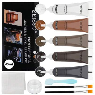 SEISSO Leather Repair Cream Kit - 5x45ml, For Furniture, Couches, Car Seat And Purse, Restore Leather Scratch, Tears, Burn Holes Etc. With 2 Brushes, 1 Scraper, 1 Jar And 1 Piber Cloth
