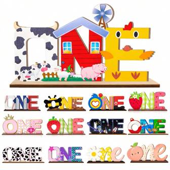 1 件卡通单字母标志派对装饰木制桌面中心蛋糕派对装饰草莓桃子蜜蜂水果动物主题 1 岁生日派对装饰道具派对用品用于淋浴 1 岁生日装饰