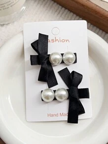 2 件/套复古珍珠发夹配丝带蝴蝶结发夹，甜美优雅发饰装饰礼品套装女士 - 彩色 - 查看 11