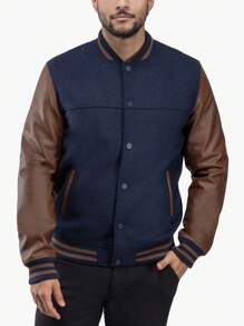 Men's Wool Varsity Bomber Jacket With PU Sleeves - Navy/Brown - View 1