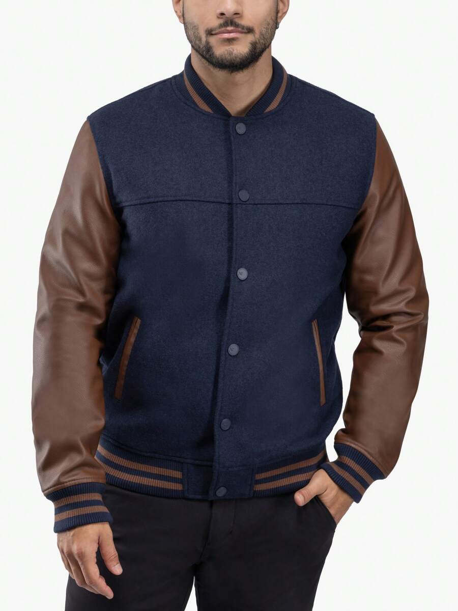 Men's Wool Varsity Bomber Jacket With PU Sleeves - Navy/Brown - View 1