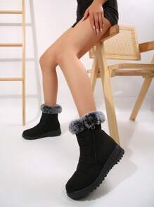 女士时尚黑色雪地靴，蓬松衬里保暖户外冬靴，厚底厚底短踝靴，酒红色 - 黑色 - 查看 3