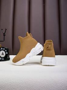 儿童高帮透气运动鞋，鞋底柔软防滑，时尚休闲步行运动鞋，棕色/白色，适合男孩和女孩 - 棕色 - 查看 2