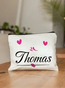 1 st hjärtmönster, anpassningsbar sminkväska med namn, kan användas som sminkväska, necessär, kuvertväska, pennfodral, perfekt present till tjejer, lätt och hopfällbar, mångsidig användning - Vitt - Visa 10