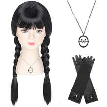 morningsilkwig 3 Mảnh Anime Black Wednesday Tóc Giả Với Vòng Cổ Và Găng Tay Cho Giáng Sinh Tóc Giả Dài Thẳng Đen Bện Tóc Giả Addams Sợi Tổng Hợp Cho Bé Gái Cho Tiệc Lễ Hội Lễ Hội Giáng Sinh Halloween Trang Phục Cosplay - màu đen - Xem 2
