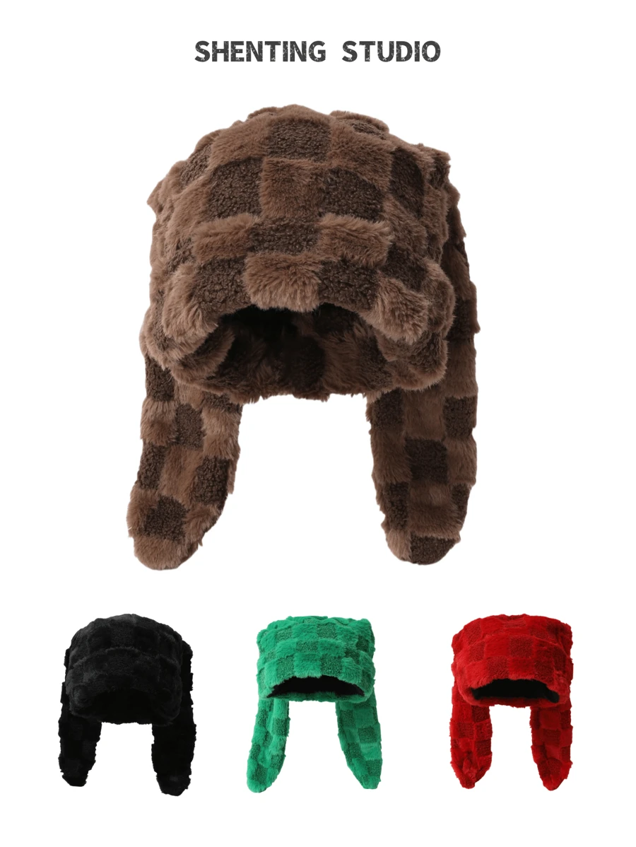 1 件女士独特设计师可爱兔耳菱形渐变蓬松帽，仿皮草帽，针织帽，时尚百搭大头围讨人喜欢的无檐小帽，秋冬 - A - 查看 1