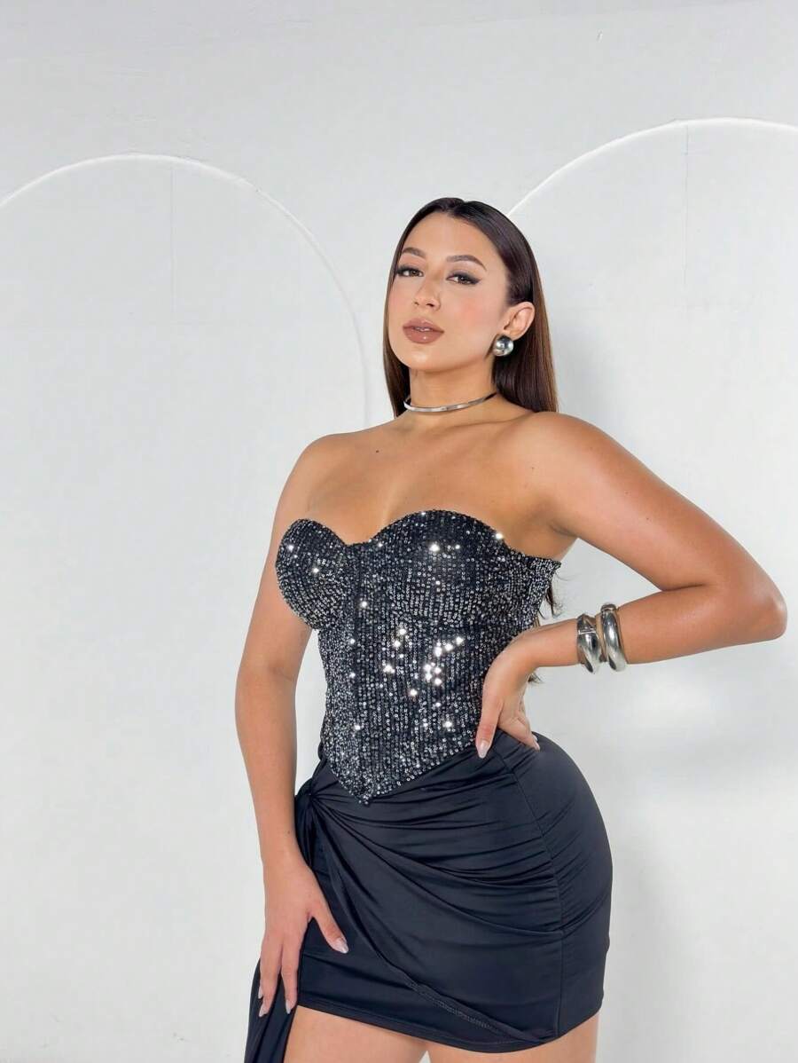Women's Sequin Corsert With Tie At The Back For Luxury Parties - 黑色 - 查看 1