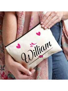 1 st hjärtmönster, anpassningsbar sminkväska med namn, kan användas som sminkväska, necessär, kuvertväska, pennfodral, perfekt present till tjejer, lätt och hopfällbar, mångsidig användning - Vitt - Visa 2