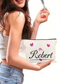 1 st hjärtmönster, anpassningsbar sminkväska med namn, kan användas som sminkväska, necessär, kuvertväska, pennfodral, perfekt present till tjejer, lätt och hopfällbar, mångsidig användning - Vitt - Visa 7