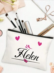 1 st hjärtmönster, anpassningsbar sminkväska med namn, kan användas som sminkväska, necessär, kuvertväska, pennfodral, perfekt present till tjejer, lätt och hopfällbar, mångsidig användning - Vitt - Visa 6