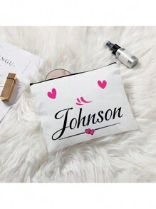 1 st hjärtmönster, anpassningsbar sminkväska med namn, kan användas som sminkväska, necessär, kuvertväska, pennfodral, perfekt present till tjejer, lätt och hopfällbar, mångsidig användning - Vitt - Visa 8