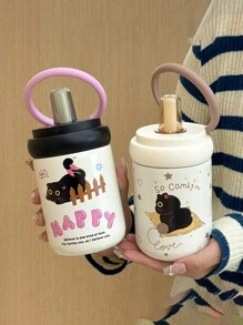 1pc Adorable Minimalist Cat Design Insulated Water Bottle, High-End Practical Portable Stainless Steel Tumbler Back To School - Multicolor - View 2