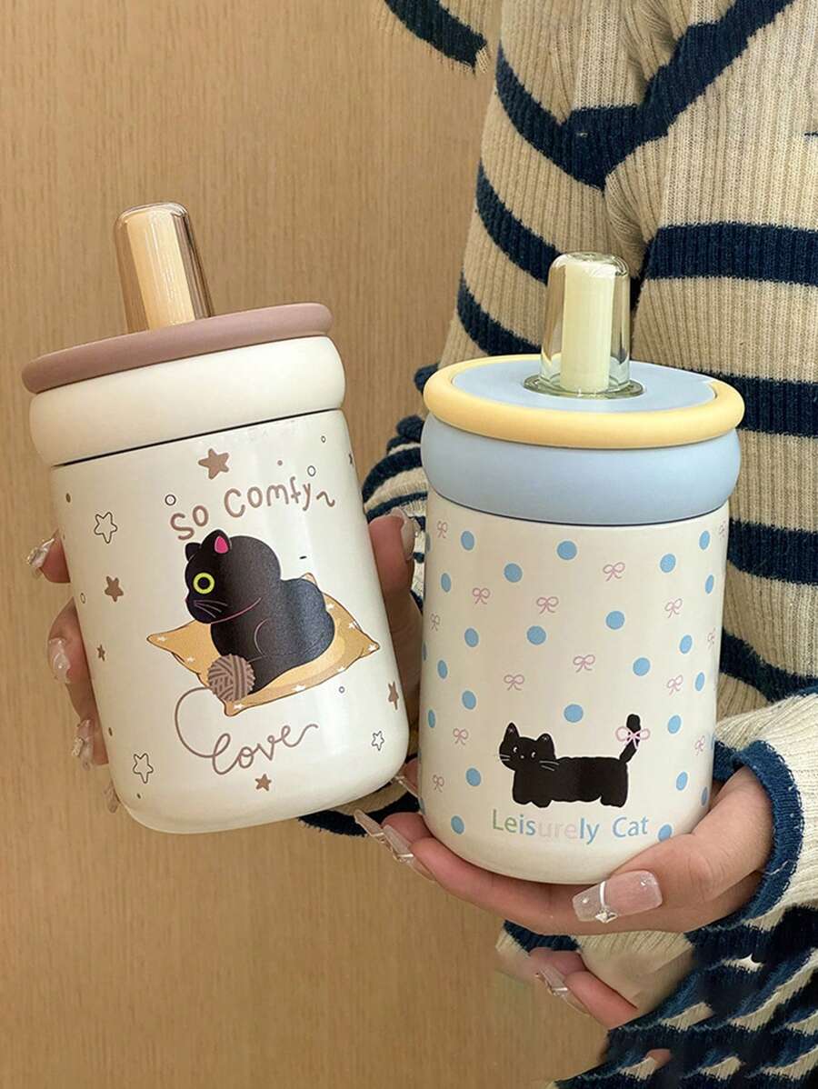 1pc Adorable Minimalist Cat Design Insulated Water Bottle, High-End Practical Portable Stainless Steel Tumbler Back To School - Multicolor - View 1