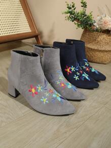 Damen Mode Reißverschluss Kurzstiefel, Stickerei Design, High Heel Stil - marineblau - Übersicht 1