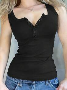 Women's Summer 90s Retro Sexy Casual Solid Color Sleeveless Slim Fitting Top - Black - View 1