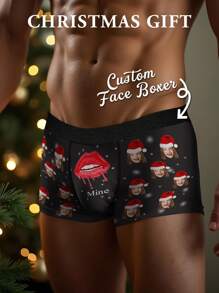 1pc Custom Christmas Boxers For Men Personalized Face Boxer Briefs Funny Underwear Gift For Him Husband Boyfriend Valentine Birthday Novelty Boxers - Black - View 2