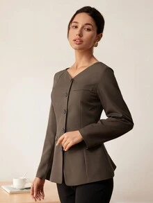 女式复古香港风格 V 领西装外套，仿口袋单排扣，休闲通勤日常穿着，老钱风格长袖上衣 - 摩卡棕 - 查看 5