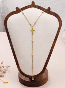1pc Cross Gold Bead Pearl Necklace For Women,Faux Pearl Chain 14k Gold Plated Stainless Steel Gold Bead Chain Cross Long Collarbone Necklace Faith Necklace Christian Gifts, Friendship Gifts, Mama Gifts, Christmas Gifts, Faith Gifts,Jewelry Gifts