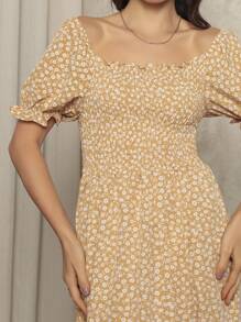 Long Dress With Puffed Sleeves Elastex Print - Beige - View 4
