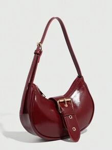 Fashionable Women Burgundy Color Shoulder Bag, Vintage Simple Handbag, Crescent Saddle Bag, Leopard Print Mini Handbag, Adjustable Strap, Glossy Oilcloth Shoulder Bag, Christmas Gift Bag, Fashionable Burgundy Bag , Old Money , Burgundy Bag - Burgundy - View 5