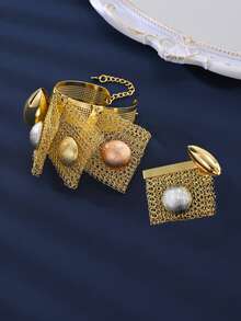 5 件/套铜 18k 镀金夸张优雅项链耳环戒指手链首饰套装，适合日常装饰或送礼 - 金黃色 - 查看 6