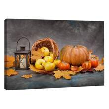 1pc Canvas Print Wall Art Fall Autumn Pumpkin, Apple & Tomato Harvest Nature Wilderness Photography Realism Rustic Scenic  For Coffee Shop, Restaurant, Living Room, Kitchen, Home Decoration,  Framed Ready To Hang After - Multicolor - View 1