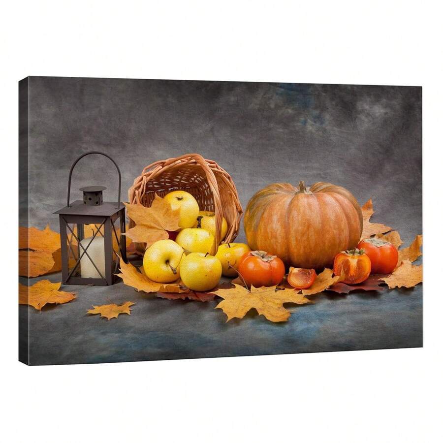 1pc Canvas Print Wall Art Fall Autumn Pumpkin, Apple & Tomato Harvest Nature Wilderness Photography Realism Rustic Scenic  For Coffee Shop, Restaurant, Living Room, Kitchen, Home Decoration,  Framed Ready To Hang After - Multicolor - View 1