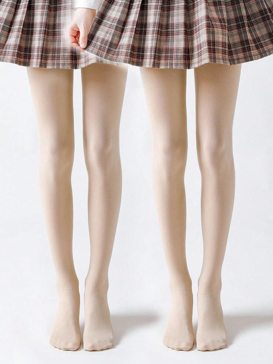 2条装儿童纯色防滑底连裤袜，舞蹈服连裤袜，四季皆宜 - 杏色 - 查看 1