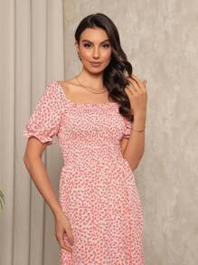 Long Dress With Puffed Sleeves Elastex Print - Pink - View 3