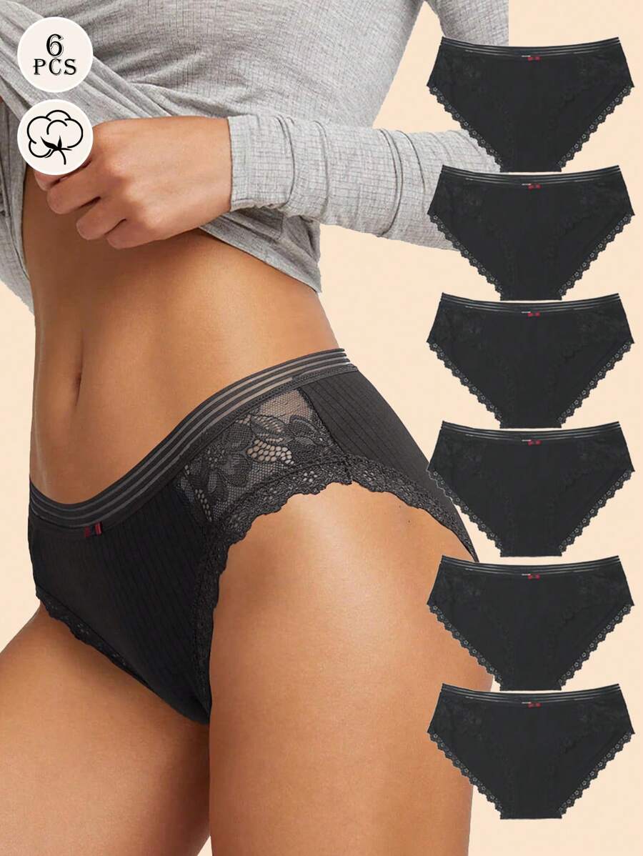 6pcs Womens Underwear Bikini Panties Lace Breathable Hipster Panty Stretch Full Briefs - màu đen - Xem 1