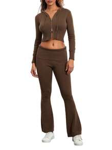 Womens Two Piece Outfits Set Long Sleeve Zip Up Cropped Hoodie And Bootcut Pants Set Loungewear - Brown - View 3