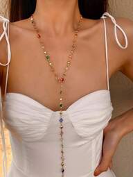 1 pièce Collier long en forme de Y doré/argenté, accessoire pour femmes. Pendentif étincelant à décolleté plongeant profond, idéal pour les sorties, les anniversaires, les fêtes, le style bohème élégant de luxe, mode et féminin