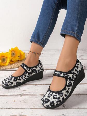 Women's Fashion Casual Classic Mary Jane Shoes, Leopard Print Strap Hook&Loop Thick Platform Wedge Comfortable Slip-On Flats Valentines