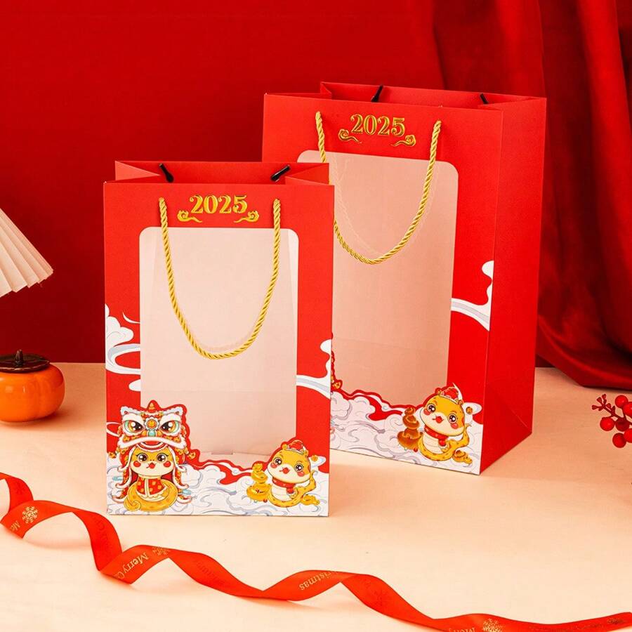 Red Metallic Paper Gift Bags With Transparent Window, Suitable For Snake Year, New Year Party Gift Packaging - Multicolor - View 1