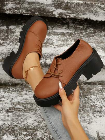 Women's Retro Lychee-Patterned Embossed Niche Design Oblique Lacing Round Toe Waterproof Thick-Soled High Heels, Thick-Soled Oxford Shoes In Brown British Style, Suitable For School, Work, Party, Fashion Versatile And Comfortable Platform Casual Shoes