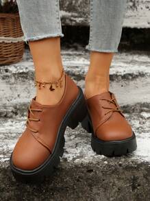 Women's Retro Lychee-Patterned Embossed Niche Design Oblique Lacing Round Toe Waterproof Thick-Soled High Heels, Thick-Soled Oxford Shoes In Brown British Style, Suitable For School, Work, Party, Fashion Versatile And Comfortable Platform Casual Shoes