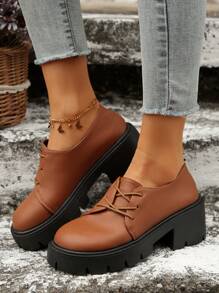 Women's Retro Lychee-Patterned Embossed Niche Design Oblique Lacing Round Toe Waterproof Thick-Soled High Heels, Thick-Soled Oxford Shoes In Brown British Style, Suitable For School, Work, Party, Fashion Versatile And Comfortable Platform Casual Shoes