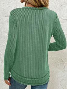 Tops de unicolor de manga larga para otoño e invierno, camisas casuales de cuello en V acanalado - Verde - Ver 2