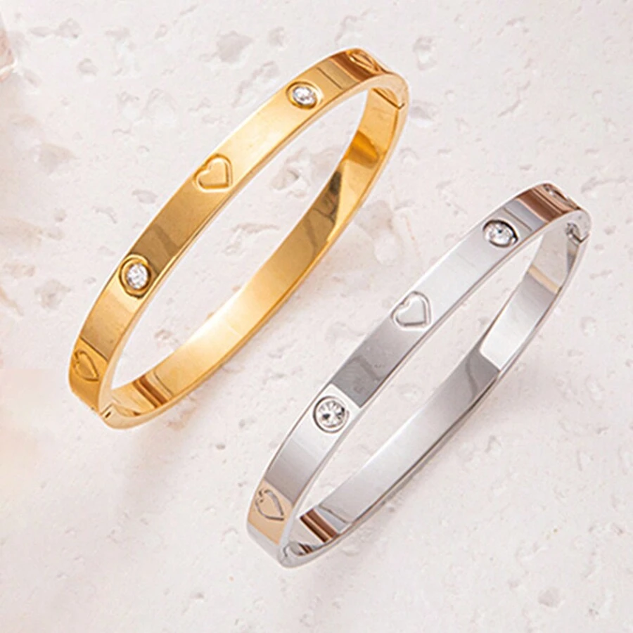 1 chiếc vòng tay hình trái tim bằng thép không gỉ mạ điện chân không màu vàng hoặc bạc có đính đá, món quà đơn giản và thời trang phù hợp cho mọi dịp - Nhiều màu - Xem 1