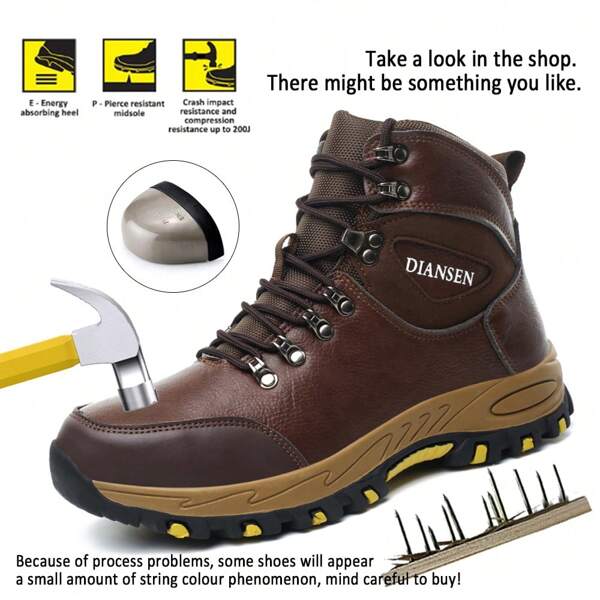 1 par de sapatos de couro com biqueira de aço e cabedal de microfibra para homens, botas de trabalho para mulheres, sapatos impermeáveis, antifuros e antiesmagamento, calçados confortáveis para caminhadas, calçados casuais da moda, cano alto, sola de borracha durável, calçados de trabalho resistentes ao desgaste, botas de trabalho antiderrapantes para mulheres, botas de trabalho ao ar livre, sapatos de escalada, reparos diários de armazém, tênis de trabalho, fabricação de tênis, presentes perfeitos para botas de Halloween