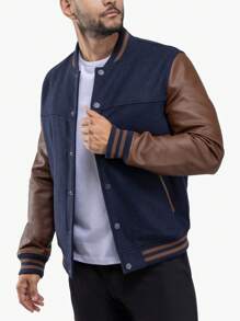 Men's Wool Varsity Bomber Jacket With PU Sleeves - Navy/Brown - View 5